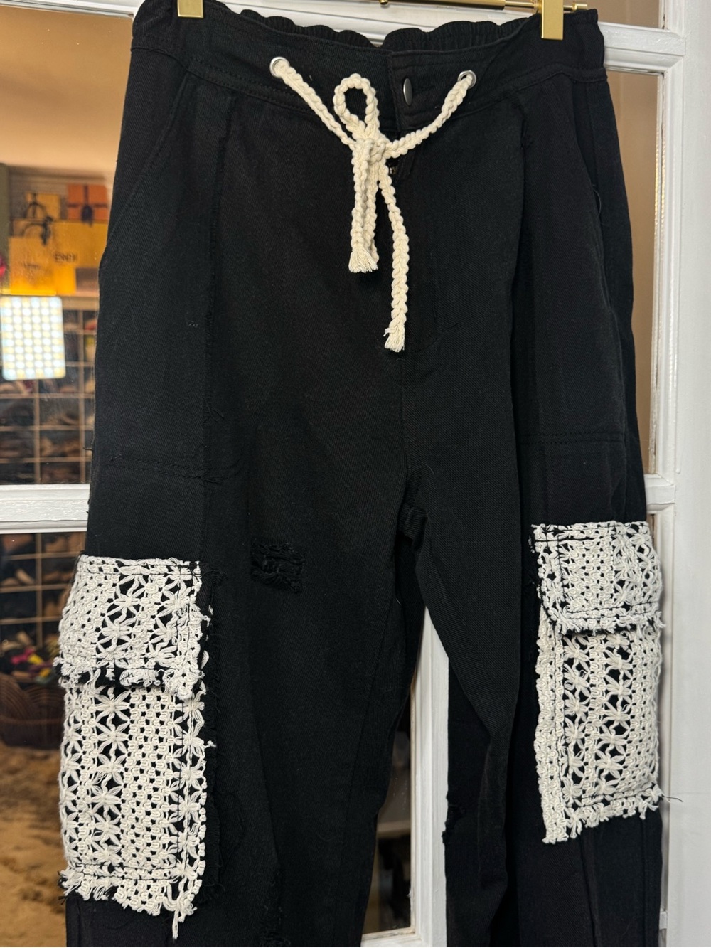 **NEW POL BESTSELLER Black Joggers with Cream Crochet Pockets boho distressed - Picture 4 of 10
